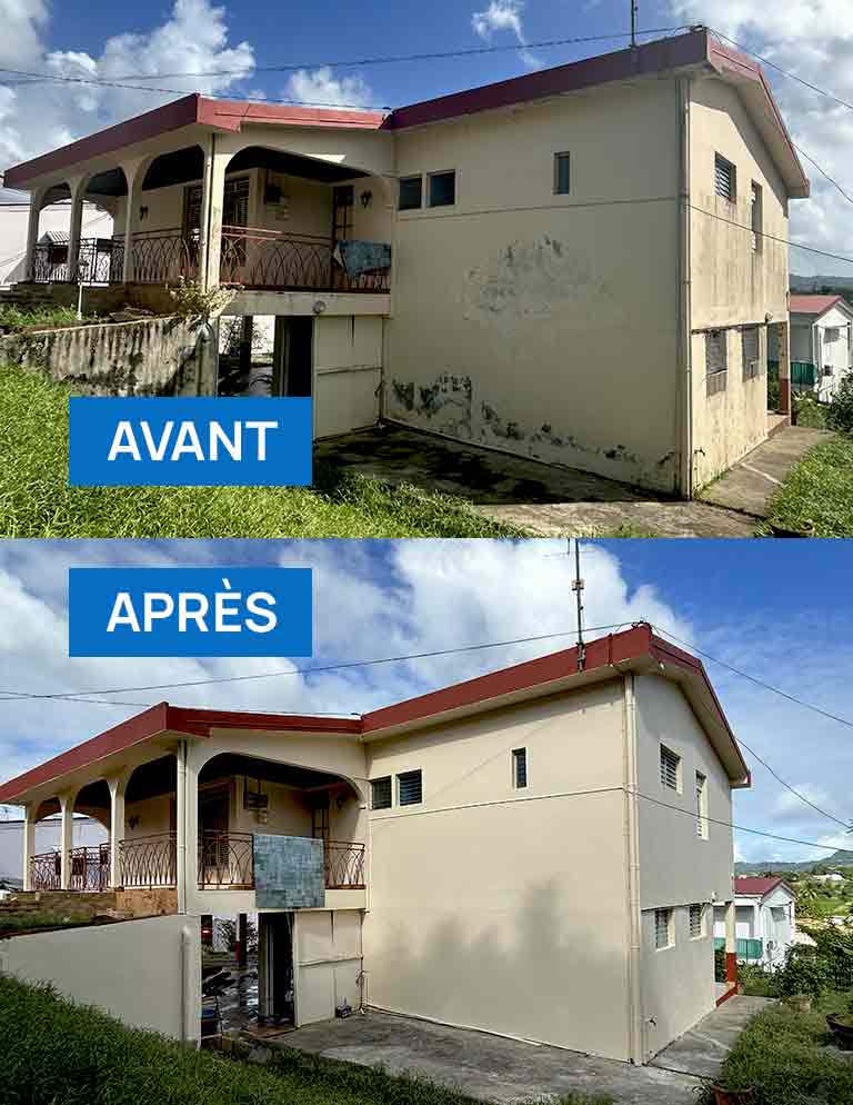 Nettoyage et ravalement façade : nettoyage, démoussage, application d’un anti-mousse curatif et préventif., ravalement peinture et imperméabilisation imperméabilisant hydrofuge façade. Artisan peintre en Martinique 972