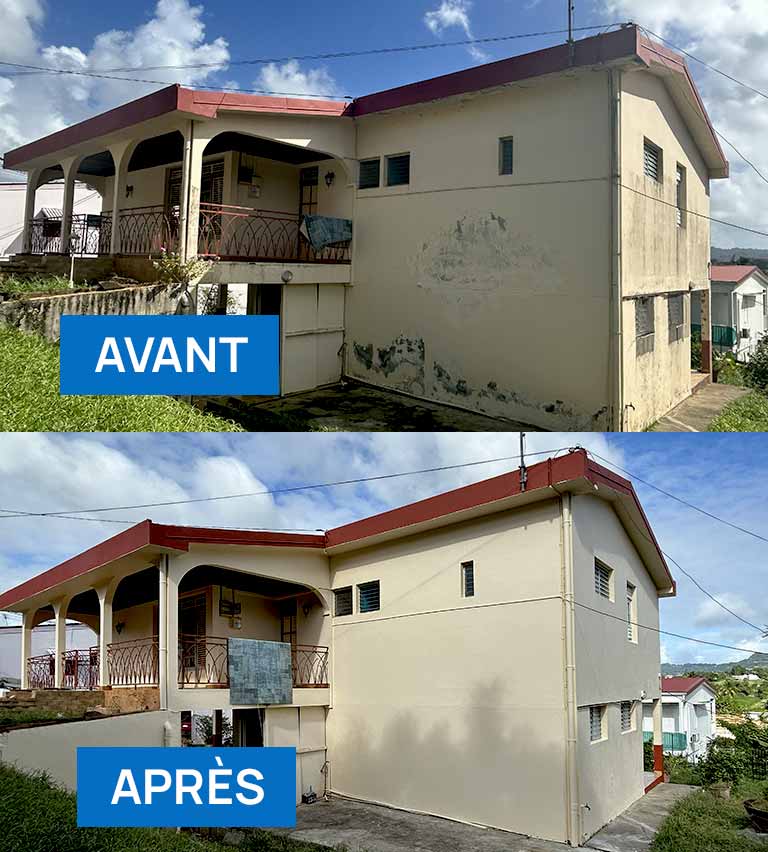 Nettoyage et ravalement façade : nettoyage, démoussage, application d’un anti-mousse curatif et préventif., ravalement peinture et imperméabilisation imperméabilisant hydrofuge façade. Artisan peintre en Martinique 972