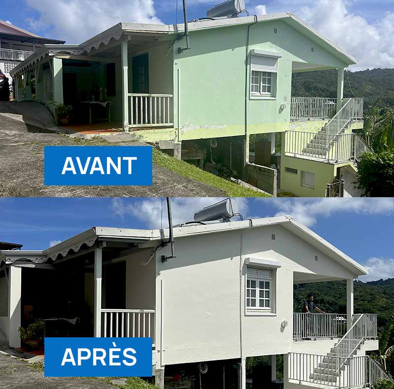 Nettoyage et ravalement façade : nettoyage, démoussage, application d’un anti-mousse curatif et préventif., ravalement peinture et imperméabilisation imperméabilisant hydrofuge façade. Artisan peintre en Martinique 972