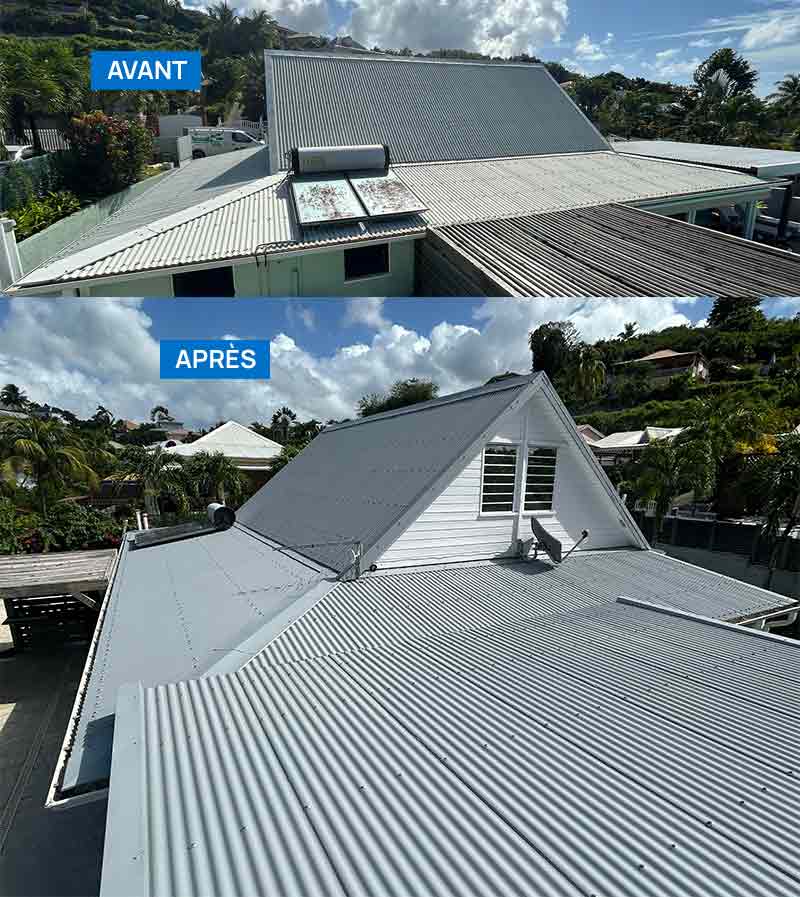 Toiture - RICORDEL ÉTANCHÉITÉ 972 couvreur en Martinique. Travaux de réparation et de pose de toiture en tôle, bac acier et tuile. Intervention rapide en cas de fuite. Étanchéité toiture : nettoyage, démoussage et étanchéité de votre toit tôle, bac acier. resserrage tirefonds, traitement de la rouille. Peinture hydrofuge toiture. Étanchéité toit plat terrasse. Intervention en Martinique 972