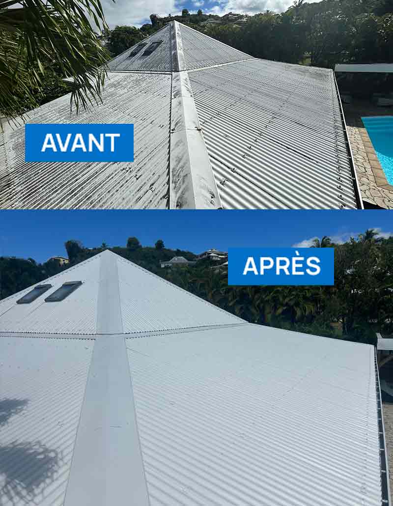 Toiture - RICORDEL ÉTANCHÉITÉ 972 couvreur en Martinique. Travaux de réparation et de pose de toiture en tôle, bac acier et tuile. Intervention rapide en cas de fuite. Étanchéité toiture : nettoyage, démoussage et étanchéité de votre toit tôle, bac acier. resserrage tirefonds, traitement de la rouille. Peinture hydrofuge toiture. Étanchéité toit plat terrasse. Intervention en Martinique 972