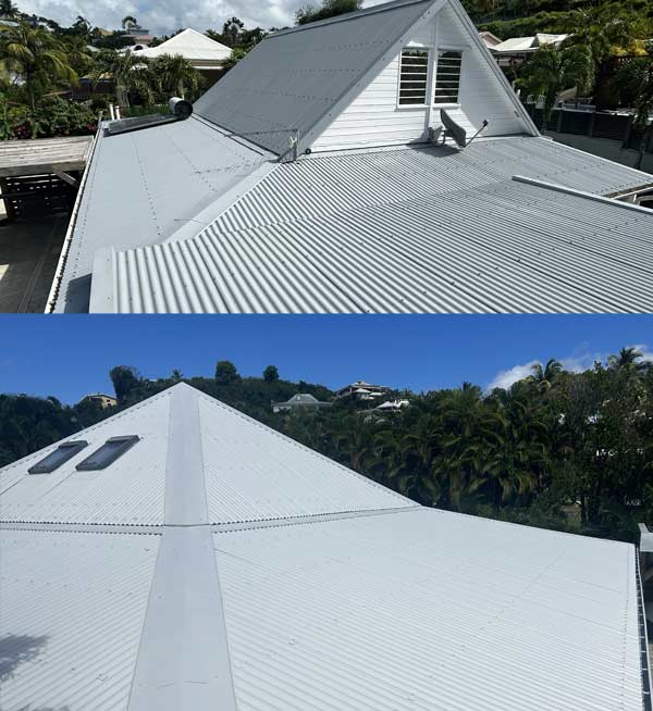 Toiture - RICORDEL ÉTANCHÉITÉ 972 couvreur en Martinique. Travaux de réparation et de pose de toiture en tôle, bac acier et tuile. Intervention rapide en cas de fuite. Étanchéité toiture : nettoyage, démoussage et étanchéité de votre toit tôle, bac acier. resserrage tirefonds, traitement de la rouille. Peinture hydrofuge toiture. Étanchéité toit plat terrasse. Intervention en Martinique 972